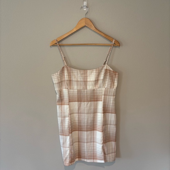 Aeropostale Dresses & Skirts - AEROPOSTALE Spaghetti Strap Plaid‎ Mini Dress w/ Slit @ Hem Brown/Cream Sz L